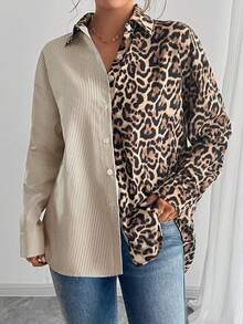 EMERY ROSE 秋季法式优雅豹纹撞色条纹宽松休闲长袖女式衬衫 - 棕色 - 查看 4