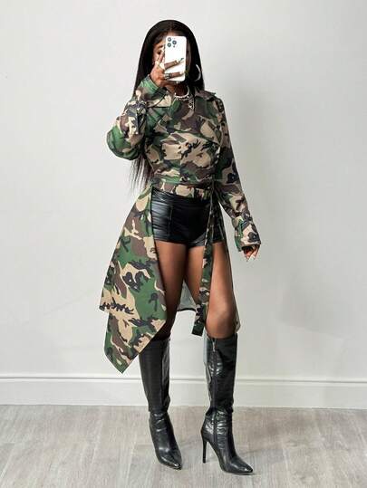 BamGleam Trench coat feminino de outono com estampa camuflada, barra assimétrica e lapela.