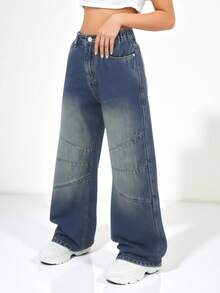 SHEIN Jeans pour préadolescentes Y2K, jeans en denim délavé à taille haute, coupe droite décontractée, inspiration vintage, esthétique rétro avec une ambiance décontractée, convient pour la rentrée scolaire, le streetwear, la tenue de tous les jours, automne/hiver