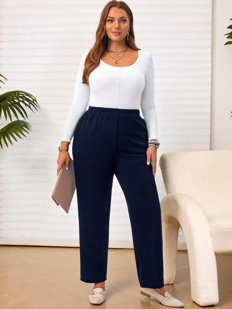 Pantalones largos azul marino de talla grande para mujer, de uso casual diario para otoño/invierno, con bolsillos, sencillos y de moda para uso diario, talla grande para invierno, Navidad para mujeres, Año Nuevo, Acción de Gracias para mujeres