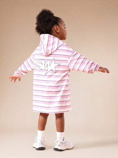  SUMWON Girls Oversized Striped Sweatshirt Dress With Hood Long Sleeve Casual Pullover Mini Dress Fall Winter Everyday Wear Vacation