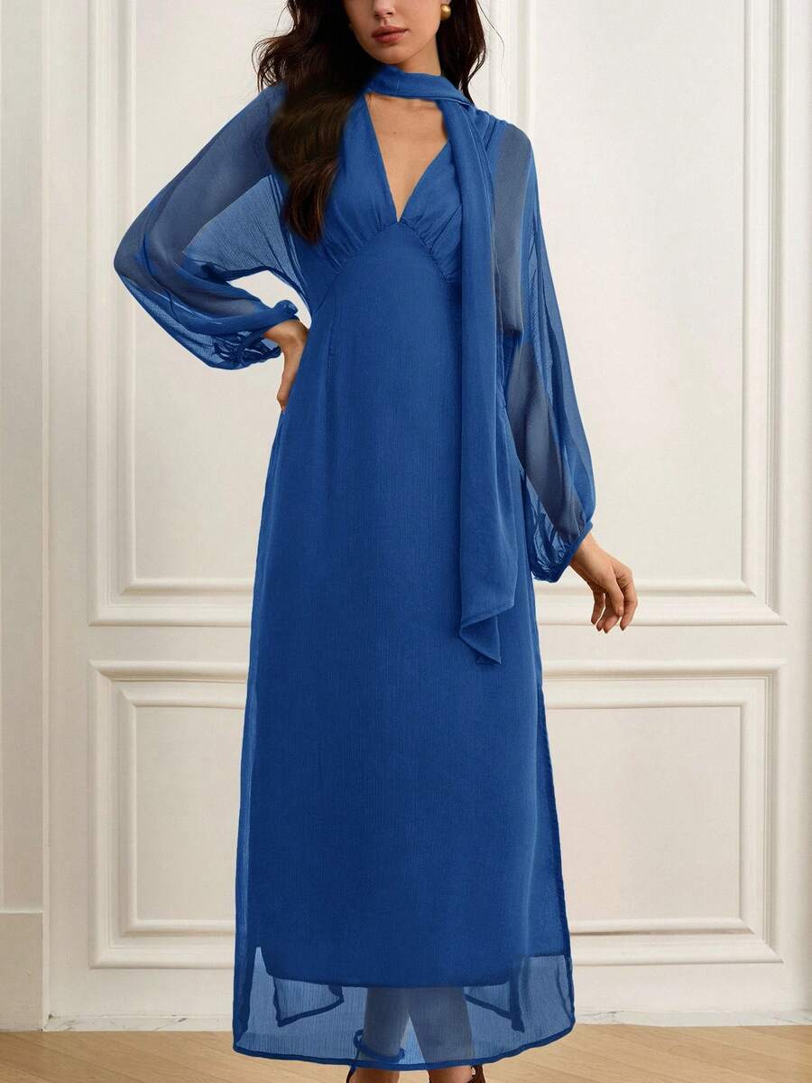 EMERY ROSE Elegant, Sophisticated, And Stylish V-Neck Long Sleeve Dress With Tie Waist And Slit Hem Design For Women - Blue - View 1