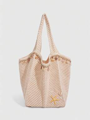 Fairycore 1pc Tropical Ocean Beach Resort Style Woven Hollow Khaki Women Shoulder Tote Bag, Large Capacity