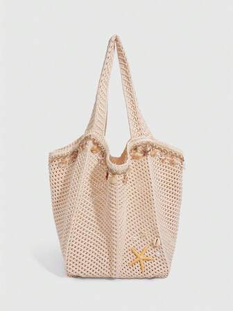 Fairycore 1 pezzo Borsa a spalla da donna stile resort tropicale, intrecciata, cava, color cachi, con grande capacità