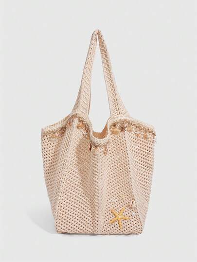 Fairycore 1 pezzo Borsa a spalla da donna stile resort tropicale, intrecciata, cava, color cachi, con grande capacità