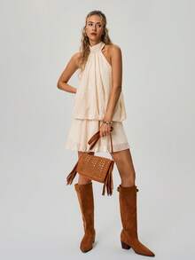 Freevana 女士纯色露背吊带无袖迷你连衣裙 - 杏色 - 查看 8