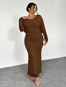 Firerie Đầm dài tay cổ bèo nhún lưới co giãn, thoải mái, thanh lịch cỡ lớn, dành cho tiệc tùng, tụ tập, hẹn hò, khiêu vũ, ngày lễ, tiệc trà chiều cao cấp, thu đông - màu nâu - Xem 5