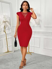 SHEIN Lady 女士纯色简约日常穿搭迷你连衣裙，带荷叶袖 - 紅色 - 查看 6