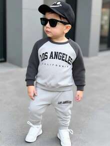 Cozy Pixies 两件套婴儿男女童针织柔软圆领长袖卫衣和松紧腰加厚磨毛裤套装，适合冬季穿着 - 卡其色 - 查看 7