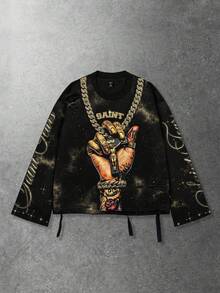 ROMWE MEN Street Life Vintage Street Style Distressed Saint Graphic Long Sleeve Crew Neck Men's T-Shirt - Black - View 5