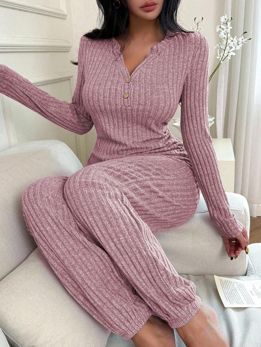 SHEIN Women's Casual Ribbed Brushed V-Neck Button Down Long Sleeve Long Loungewear Set - Pink - View 1