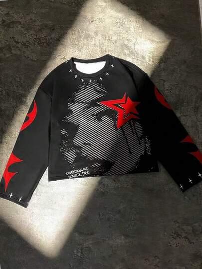 Glimmora 这款舒适的男士圆领长袖T恤采用Y2K风格宽松版型，印有趣味复古图案，充满个性。这款休闲圆领长袖T恤散发着街头风和男孩般的魅力。它百搭实用，是馈赠亲友的理想之选，也是秋冬季的必备单品，更是当下流行的时尚单品。