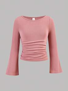 Girlism Tween Girls 3pcs/Set Autumn And Winter/Casual And Versatile/One-Line Collar/Gathered Details/Knitted Slim-Fit Bottoming Long-Sleeved T-Shirt, Girls Tight Tops, 3 Pack Tops, Long Sleeve Tops, Fitted Tops - Dusty Pink - View 7