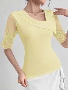 Modelyn Ladies' Asymmetric Neckline Contrast Mesh Summer T-Shirt Graphic Tees Women Tops - Light Yellow - View 7