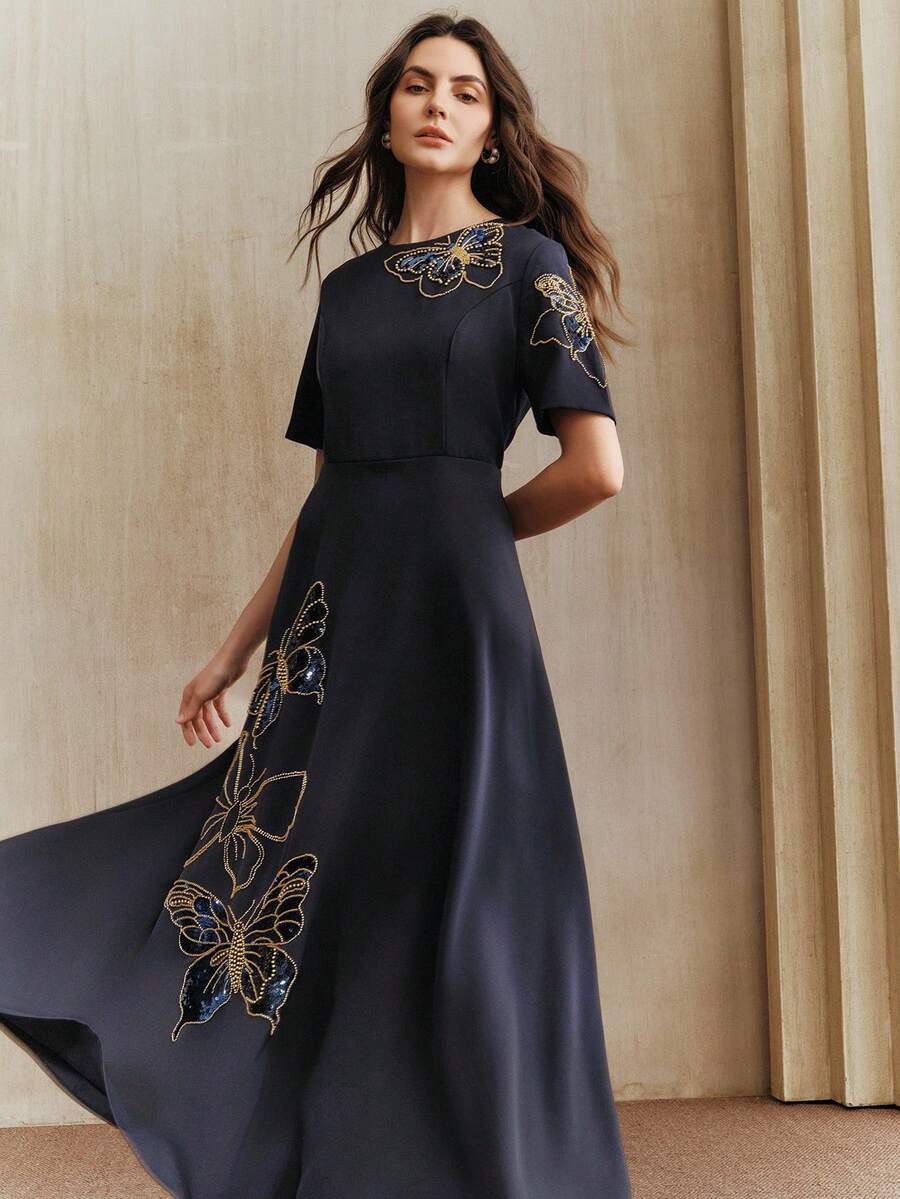 Anewsta 女士新款高贵典雅舞厅串珠蝴蝶花卉图案高端宴会礼服 - 藍色 - 查看 1