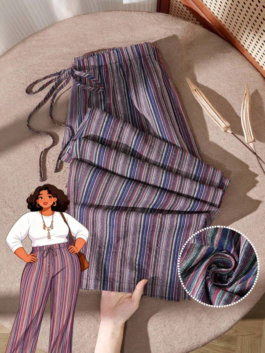 EMERY ROSE Plus Size Women Casual Vacation Style Everyday Commute Contrast Stripe Print Tie Waist Loose Wide Leg Pants Winter For Women Country Style For Women Country Concert - Multicolor - View 1