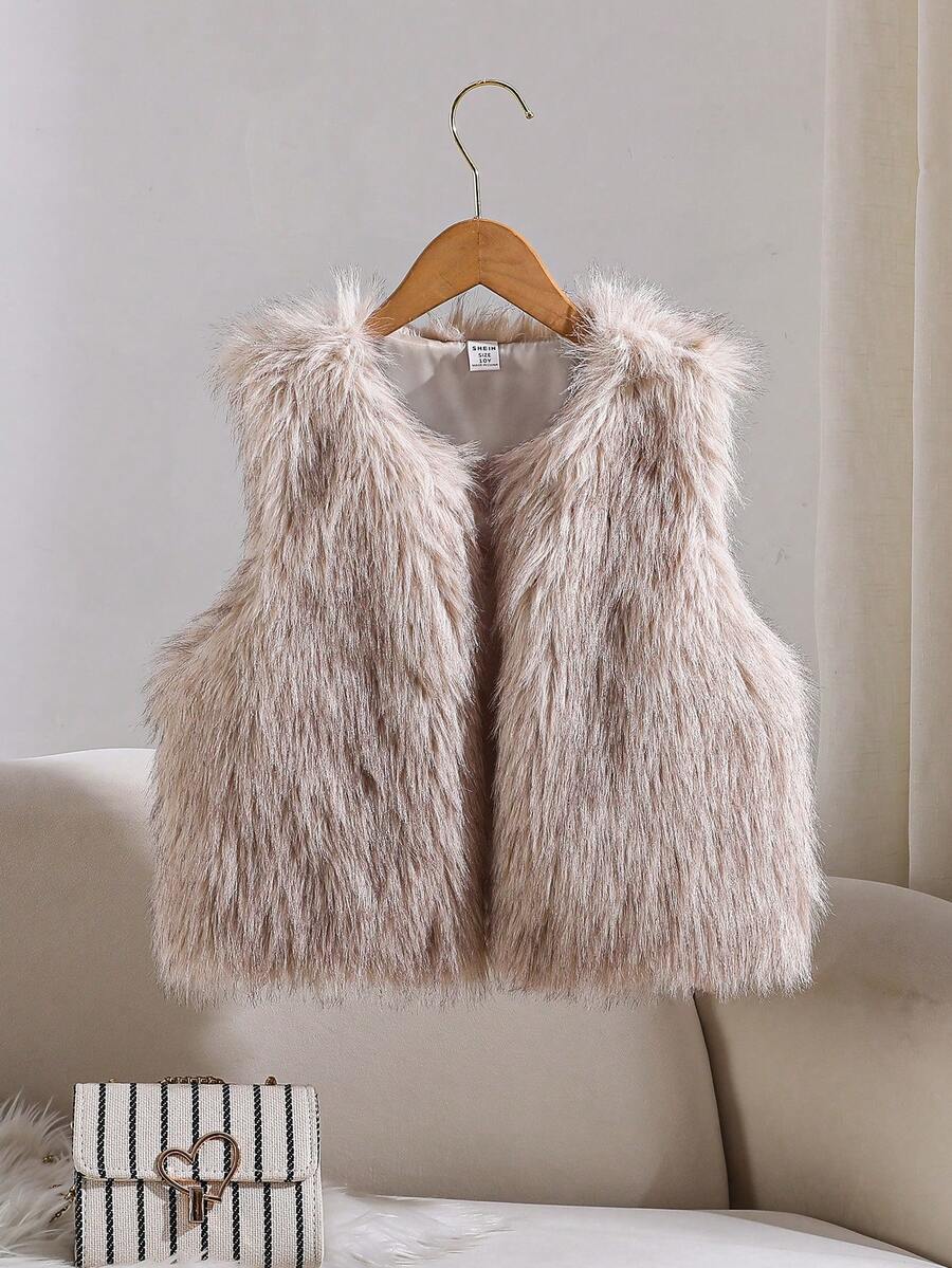 Sparklyn 1pc Tween Girls Sleeveless Short Faux Fur Vest, Elegant & Refined, Suitable For Autumn/Winter Outfits - Apricot - View 1