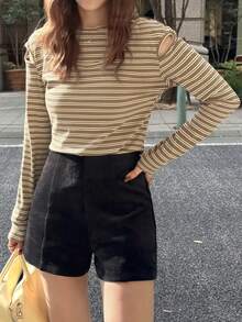 FRIFUL Damen gestreiftes Rundhals Langarm Ausschnitt-Schulter Lässig T-Shirt, vielseitig für Herbst/Winter