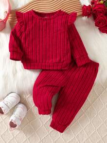 SHEIN Playful Pals 2件套可爱优雅女婴圣诞针织弹力圆领长袖卫衣和弹力裤套装，适合休闲和日常穿着，适合春季、秋季、冬季、圣诞节和其他场合。 - 紅色 - 查看 3