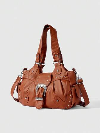 Fairycore Bolso de hombro de piel de PU con decoración de remaches, elegante para el uso diario