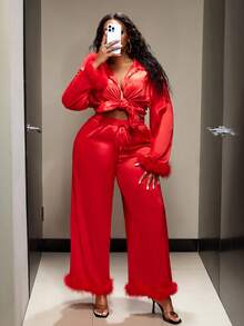 Truni Plus Size Women Solid Color Faux Fur Cuff Single-Breasted Top And Wide Leg Pants Elegant 2 Pieces Set, Winter, For Pear Triangle Body Shape - Red - View 6