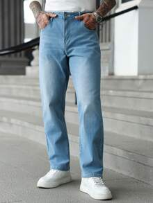 Manfinity Homme Men's Straight Loose Casual Pockets Jeans - Blue - View 3