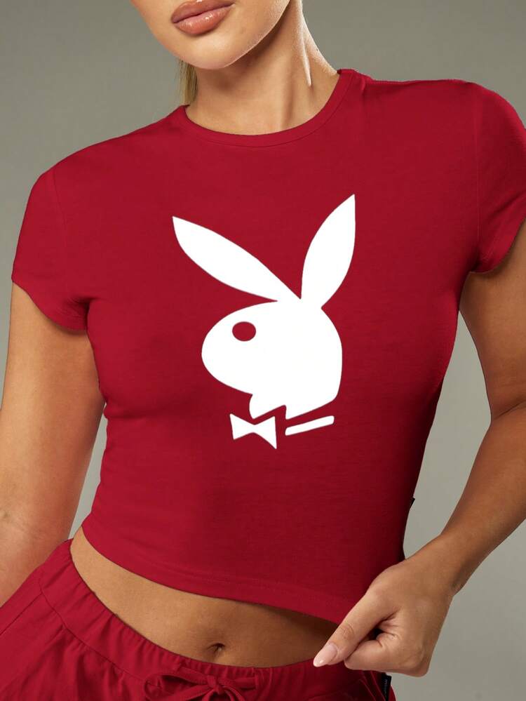 Missguided x Playboy Cozy Logo Bunny Pajama Set With Short Sleeve Crop Top And Wide Leg Drawstring Pants For Loungewear Sleepwear