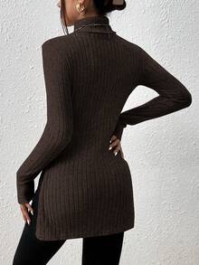 SHEIN Frenchy Solid Color Turtleneck Ribbed Fitted Long Sleeve T-Shirt Spring Brown - Brown - View 2