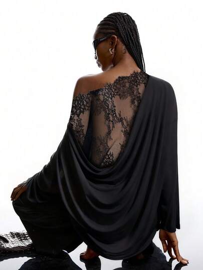 LYSMO Elegant dames T-shirt met kanten patchwork, sexy stijl, minimalistisch ontwerp, geschikt als feesttop voor de herfst/winter, strandkleding, comfortabele zomerkleding, casual bovenkleding voor dames, zwart topje