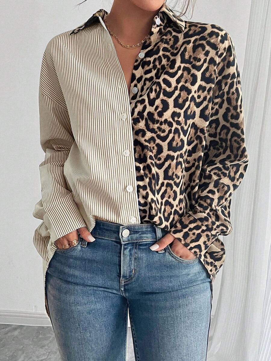 EMERY ROSE 秋季法式优雅豹纹撞色条纹宽松休闲长袖女式衬衫 - 棕色 - 查看 1