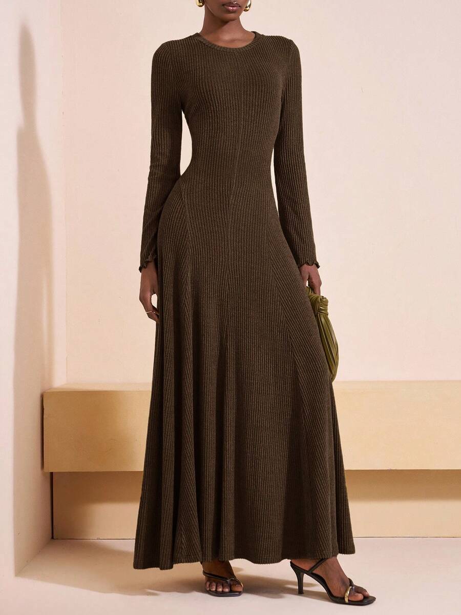 Zivah Women's Shades Of Brown Elegant Autumn Everyday Long Dress,Mustard Yellow Brushed Striped Knitted Round Neck Long Sleeve Large Swing Back Tie Dress - Brown - View 1