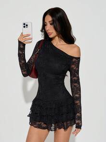 SHEIN PETITE Black Asymmetrical Neck Long Sleeve Ruffle Hem Bodycon Elegant Cute Mini Dress, Elegant Dress, Birthday Dress, Autumn/Winter Layering, Date Dress, Black Dress,Halloween Costumes,Christmas - Black - View 5