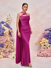 SHEIN Belle Elegant Romantic Green Woven Matte Ribbon Decor Open Shoulder Strapless Fitted Mermaid Bridesmaid Dress - Red Violet - View 5