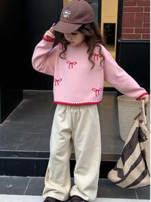 Tween Girl Sweater,Casual Cute Pink Autumn Knitted Short Sweater With Bow Pattern,Soft Comfortable For Wedding Ninang,Daily,Christmas,Back-To-School - Pink - View 4