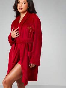 MISSGUIDED 奢华长袖系腰柔软针织睡袍，配有腰带，适合假日冬季居家休闲穿着，舒适保暖。 - 紅色 - 查看 5