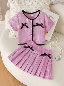 Elladie kids 女童两件套：格子印花圆领短袖外套，饰有珍珠纽扣和蝴蝶结，搭配粉色百褶裙，适合派对、聚会、生日、公主风、夏季等场合。 - 粉色 - 查看 6