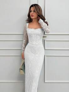 Jemour Đầm Maxi Đen Ôm Hông Cổ Vuông Ren Hình Chữ S Gợi Cảm Cho Nữ, Tay Dài, Cúp Ngực, Cổ Xương Cá, Dự Tiệc Mùa Hè Mới - trắng - Xem 6