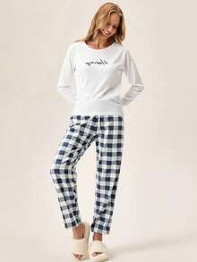 Loomlin Pyjama-Set mit Langarm Top mit englischem Buchstabe Muster und karierter Hose - Verschiedenfarbig - Übersicht 5