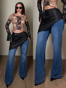 Jeanoix Women's Fashion Color Block Flare Leg Jeans - Blue - View 3