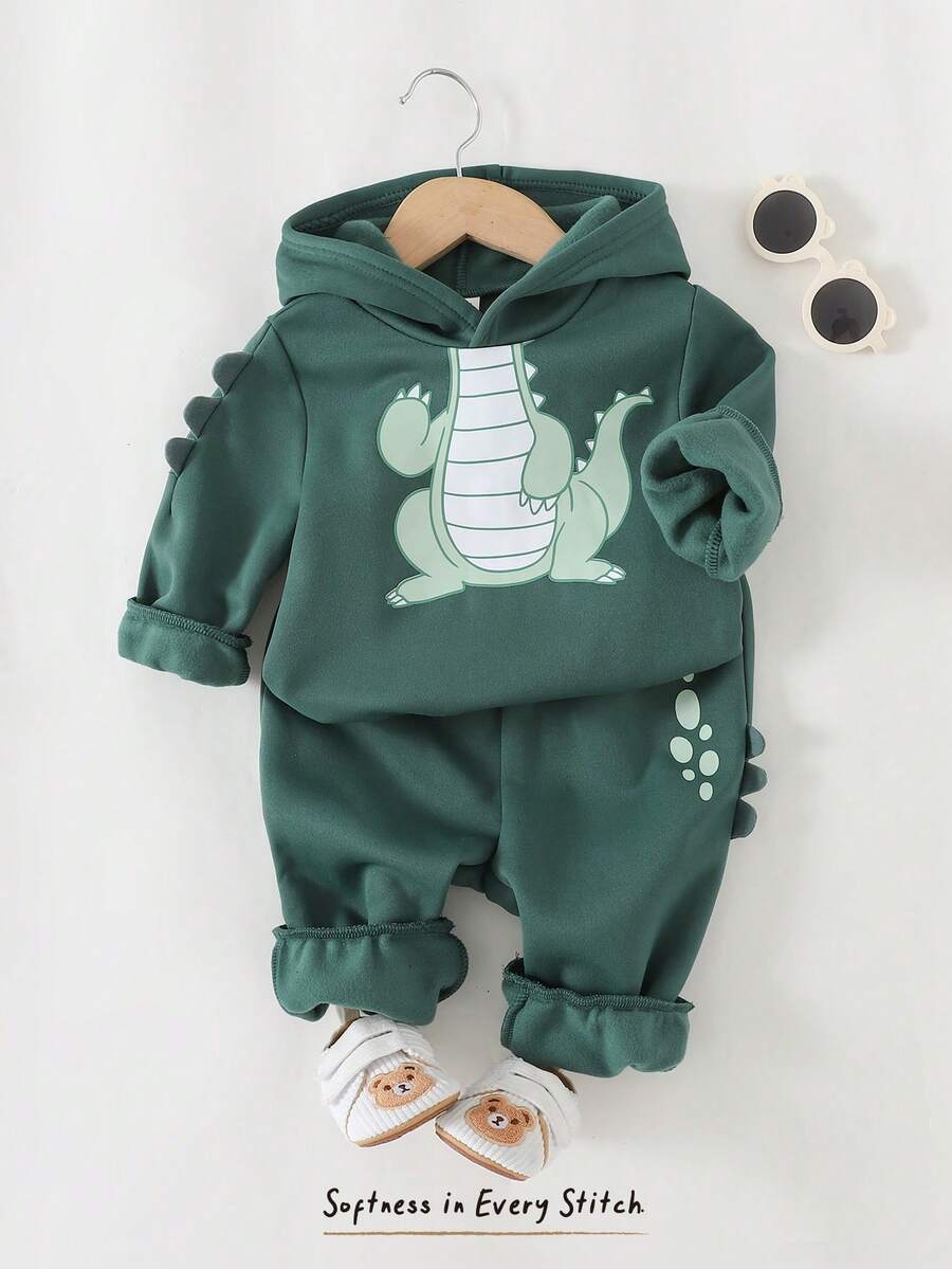 Cozy Pixies Baby Boy Loose Casual Comfortable Hooded Pullover Sweatshirt Set With Dinosaur Pattern  Fashion - Multicolor - View 1
