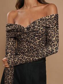 COSMINA Bộ đồ liền thân hở vai xoắn họa tiết da báo gợi cảm thời trang dành cho nữ - màu nâu - Xem 5