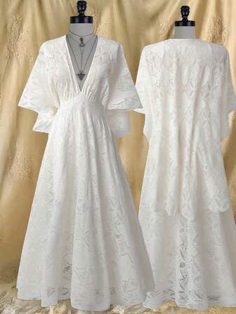 Lyrianda Vestido de encaje francés de lujo de alta gama, nuevo vestido elegante de moda con cuello en V y mangas acampanadas, vestido de fiesta formal, vestido de cumpleaños