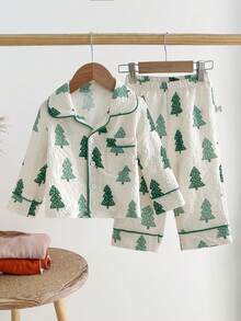 SHEIN Playful Pals 男婴可爱小熊印花套装（2件套），翻领长袖开衫+宽松长裤，舒适秋冬套装