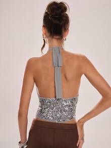 Avenya Women's Fashionable Sleeveless Sequin Embroidered V-Neck Halter Top - Grey - View 6