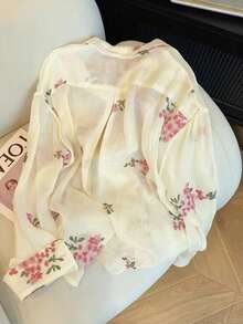 Airaco 女士时尚休闲浪漫刺绣花卉长袖纽扣衬衫 - 杏色 - 查看 2