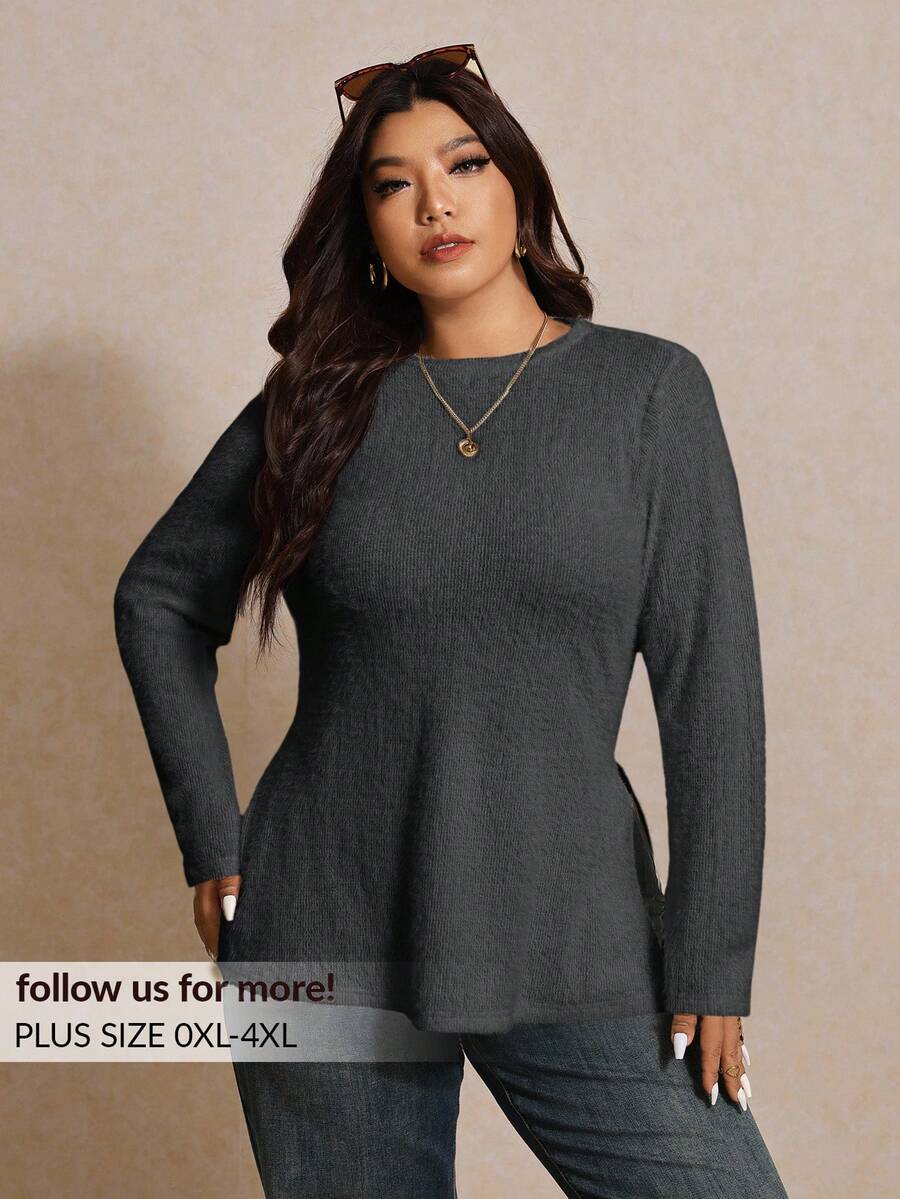 Elaquor Plus Size Women's Solid Color Round Neck Casual Side Slit Long Sleeve T-Shirt For Spring - Dark Grey - View 1