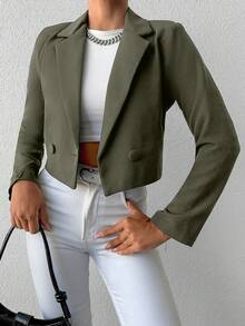SHEIN Cottnline Women's Solid Color Long Sleeve Two-Button Short Casual Blazer - Army Green - View 1