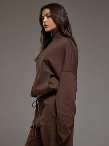 MUSERA Áo sweatshirt cổ cao, thắt eo, tay cong, khóa kéo, kiểu dáng năng động, thích hợp mặc mùa đông, phong cách coolgirl, ấm áp, dễ thương, thích hợp cho hoạt động ngoài trời, khám phá, thường ngày. - Cà phê nâu - Xem 3
