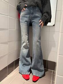 DAZY Quần jeans ống loe phong cách Hàn Quốc thường ngày giặt rách dành cho nữ - Màu xanh lam - Xem 1