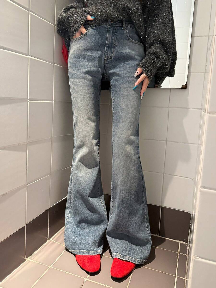 DAZY Quần jeans ống loe phong cách Hàn Quốc thường ngày giặt rách dành cho nữ - Màu xanh lam - Xem 1